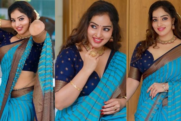 നീല സാരിയും ഹിപ്പ് ചെയിനും, ഹോട്ട് ലുക്കിൽ സൗത്ത് ഇന്ത്യൻ മദ്രാസി ​ഗേളായി മാളവിക മേനോൻ, ഫോട്ടോഷൂട്ട് ചിത്രങ്ങൾ കാണാം!