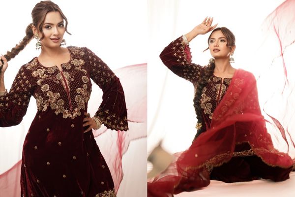 Bigg Boss 19 Fame Neelam Giri Looks Regal in a Maroon Velvet Ethnic Ensemble