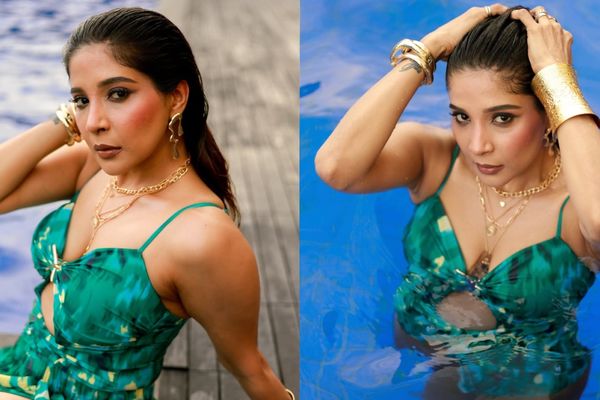 Sakshi Agarwal Sets Poolside Fashion Goals In Bold Green Slit Dress