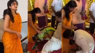 രശ്മിക മന്ദാനയുടെ കാലിൽ വീണ് അനു​ഗ്രഹം വാങ്ങി നവദമ്പതികൾ... ആശിർവദിച്ച് നടിയും, പരിഹസിച്ച് സോഷ്യൽമീഡിയ!