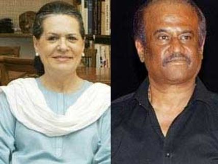 Rajinikanth receives flower bouquet from Sonia Gandhi