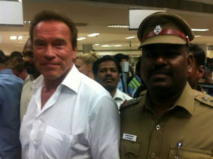 Arnold Arrives In Chennai For I (Ai) Audio Launch