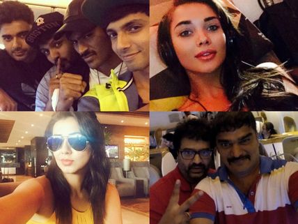 Selfies Galore En Route To SIIMA 2015: Dhanush, Anirudh, Amy Jackson And Other Stars Know How To Fly