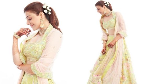 Kajal Aggarwal Looks Elegant In Lime Green Lehenga For Gaur Puja