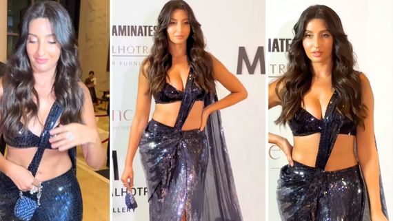 SEXY! Nora Fatehi Flaunts Her BOMB Curves In A Sequined Blue Saree At Manish Malhotra Show; See VIDEO