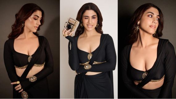 Delbar Arya’s Oozes Glamour In A Sexy High Slit Black Saree With Deep Plunging Neckline Blouse Worth Rs 50,000