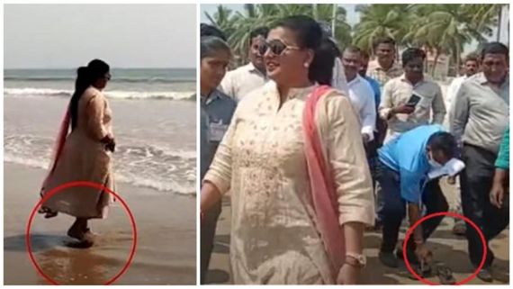ಬೀಚ್‌ನಲ್ಲಿ ರೋಜಾ 'ಪಾದರಕ್ಷೆ' ಹಿಡಿದು ನೌಕರ: ಮತ್ತೊಂದು 'ಚಪ್ಪಲಿ' ವಿವಾದ 