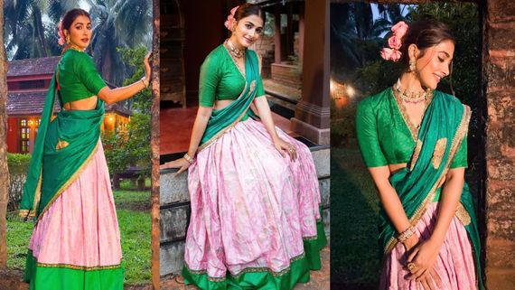  ಗ್ರೀನ್-ಪಿಂಕ್ ಲಂಗ ದಾವಣಿ ತೊಟ್ಟು ನವಿಲಂತೆ ನಲಿದ ನಟಿ ಪೂಜಾ ಹೆಗ್ಡೆ: ಬೆಲೆ ಕೇಳಿದರೇ ಸುಸ್ತಾಗುವುದು ಗ್ಯಾರಂಟಿ!