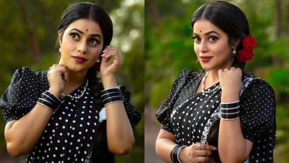 ரெட்ரோ லுக்கில் சைட் ரோஸ் வைத்துக்கொண்டு  60ஸ் ஹீரோயின்ஸ் போல கலக்கும் நடிகை பூர்ணா!