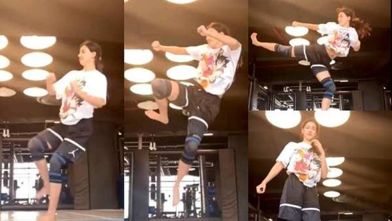 அடேங்கப்பா.. ஆகாசத்துல பறந்து அடிக்கிறதுன்னா இதுதானா? திஷா பதானியின் மிரள வைக்கும் ஃபிளையிங் கிக்!