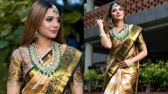 ஹோம்லி லுக்கில் பட்டுச்சேலையில் பளிங்கு போல மின்னும் ஐஸ்வர்யா தத்தா!