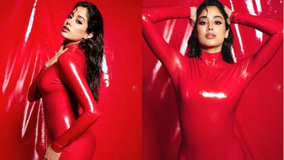 சிகப்பு கலர் ஆப்பிள் போல சிலிர்க்க வைக்கிறாரே ஸ்ரீதேவி மகள்.. உடம்பை ஒட்டிய துணியில் வேறலெவல்!