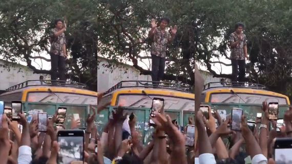  Actor Vijay: தொடர்ந்து ரசிகர்களை சந்தித்துவரும் விஜய்.. இந்தமுறை கேரவன்மேல ஏறி போஸ்!