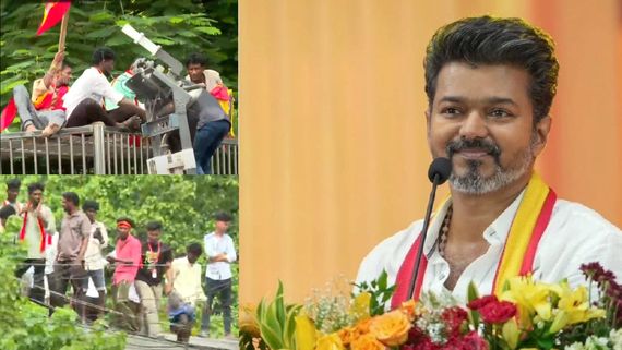 மரங்கள், கூண்டுகள் மீது ஏறி அலப்பறை செய்யும் விஜய் ரசிகர்கள்.. கிரீஸ் டப்பாவுக்கு மறுபடியும் வேலையா?