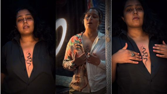 மார்புக்கு மத்தியில் மிரட்டலான டாட்டூ.. சட்டையைத் திறந்து போல்ட் போஸ் கொடுத்த எதிர்நீச்சல் காயத்ரி!
