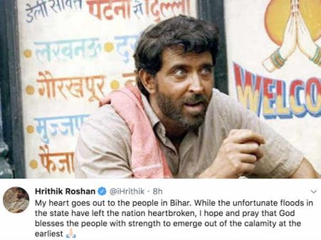 ऋतिक रोशन ने बिहार बाढ़ पीड़ितों के लिए किया ट्वीट - मेरे दिल में पूरी सहानुभूति है
