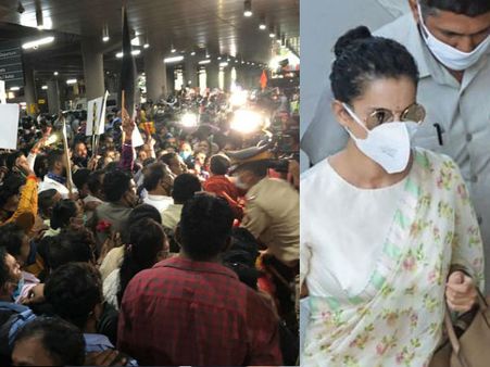 कंगना रनौत मुंबई पहुंची, विरोधियों ने दिखाए काले झंडे- एयरपोर्ट के बाहर उमड़ा हुजूम- PHOTOS