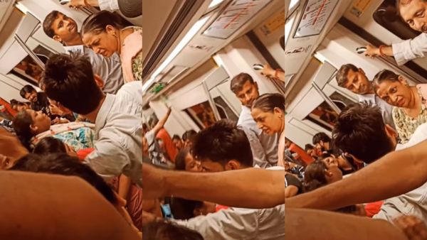 Delhi Metro के अंदर कपल कर रहा था रोमांस, आंटी ने देखते ही काटा गदर; कहा- 'एक घंटे से देख रही हूं...'