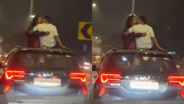 चलती कार की छत पर बैठे कपल ने पार की सारी हदें, किसिंग के बीच लड़की के साथ करने लगा ऐसी हरकत..
