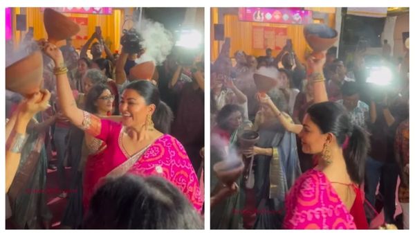 VIDEO: सुष्मिता सेन ने गुलाबी साड़ी में किया जबरदस्त धुनुची डांस, हाथ में धुनुची पड़के ऐसे झूमी सुष्मिता कि...