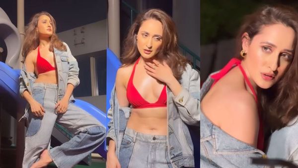 रेड ब्रा में क्लीवेज फ्लॉन्ट करती दिखीं प्रज्ञा जायसवाल, शर्ट के बटन खोलकर दिए ऐसे ऐसे पोज