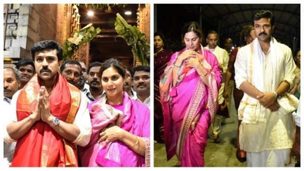 राम चरण ने बर्थडे पर पत्नी उपासना संग इस मंदिर में टेका मत्था, साड़ी के पल्लू में छुपाया बच्चा