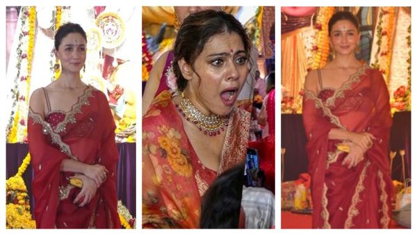 स्ट्रैपी ब्लाउज में दुर्गा पंडाल पहुंची आलिया भट्ट के सामने जोर जोर से चिल्लाने लगीं काजोल, पीली पड़ गई Alia