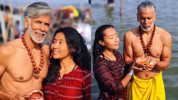 शर्टलेस लुक और रुद्राक्ष की माला, पत्नी के साथ कुंभ में नजर आए मिलिंग सोमन, Pics!