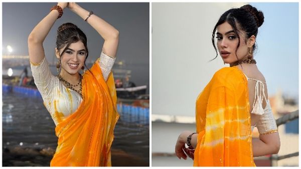 रुद्राक्ष की माला पहन Riva Arora ने भगवा रंग की साड़ी में लगाई महाकुंभ में डुबकी, देखें तस्वीरें