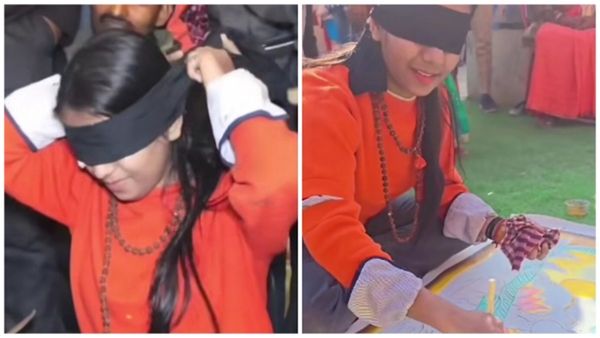 Viral Video - महाकुंभ में आंखों पर पट्टी बांधकर लड़की ने बनाई अद्भुत पेंटिंग, बोलीं- त्रिनेत्र की शक्ति है...