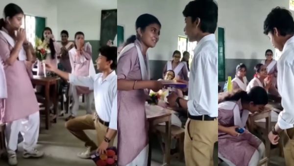 Viral Video- क्लास रूम में छात्र- छात्रा का रोमांस, घुटनों के बल बैठकर किया प्रपोज, शर्म से लाल हो गई लड़की!