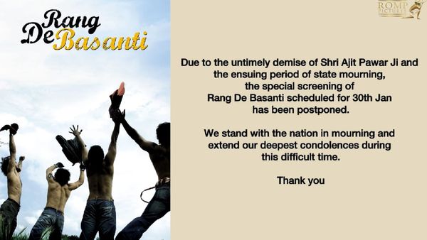 अजित पवार के निधन पर 'रंग दे बसंती' के मेकर्स ने जताया शोक, स्पेशल स्क्रीनिंग को किया पोस्टपोन