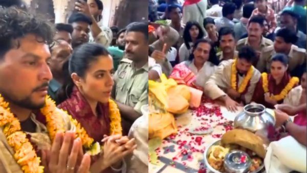 शादी के बाद पत्नी संग बांके बिहारी के दर्शन करने पहुंचें कुलदीप यादव, हाथ जोड़कर मांगी ये मन्नत...