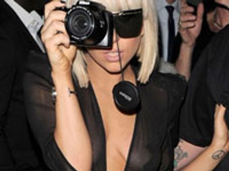 Braless Lady Gaga in a see-through catsuit
