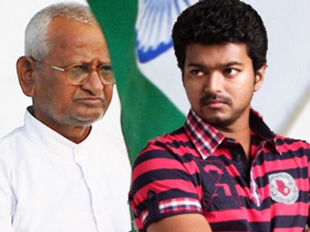 Vijay fasts with Anna Hazare, praises his will power
