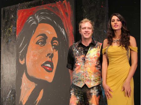 Nargis Fakhri carried away by Brian Olsen's painting at 'Chivas Art'