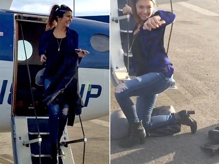 Nina Dobrev Trips And Falls While Exiting From A Plane, Watch..