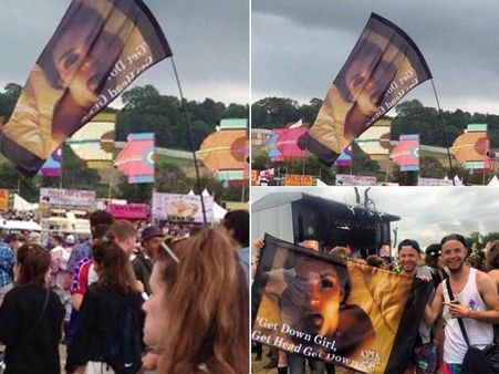 Kim Kardashian & Ray J's Tape Pic Waved On A Flag at Kanye's Glastonbury Show