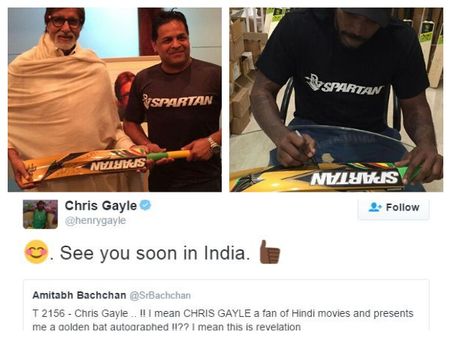 Chris Gayle Gifts His Gold Spartan Bat To Legend Amitabh Bachchan
