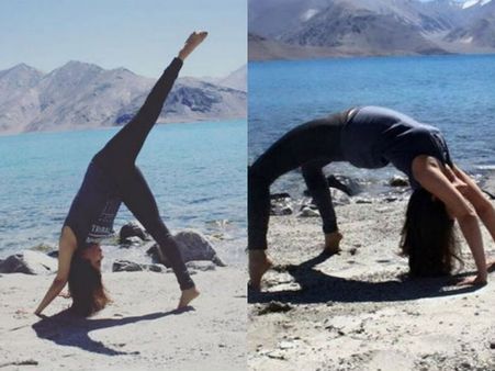 See Pics! Urmila Matondkar Performing Yoga By The Sea In Pangong