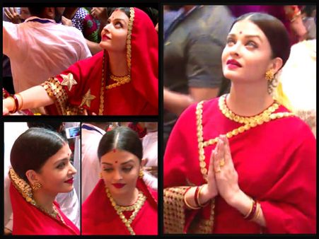 SHE LOOKS LIKE A GODDESS! Aishwarya Rai Bachchan Visits Lalbaugcha Raja In A Red Saree [NEW PHOTOS]
