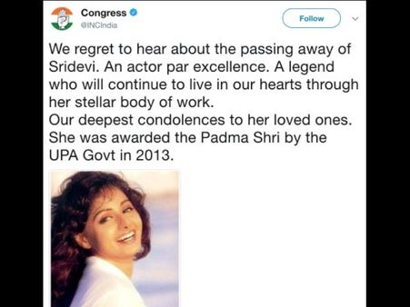 Congress Party Makes A Fool Of Itself With Sridevi's Condolence Tweet! Receives An Earful From Fans