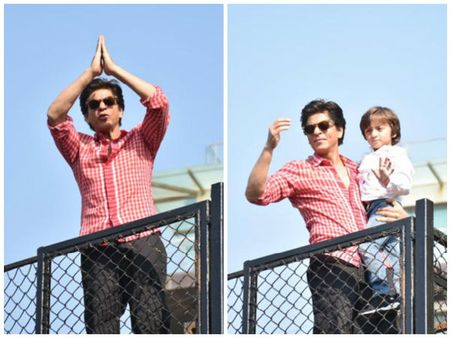 Birthday Boy Shahrukh Khan & AbRam Wave At The Sea Of Fans Gathered Outside Mannat! View Pictures