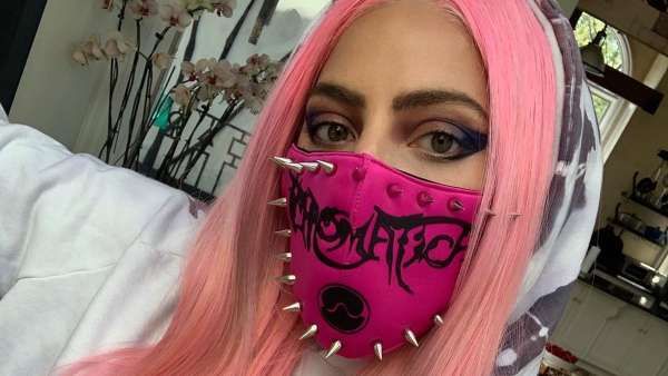 Lady Gaga Rocks A Studded Pink Face Mask As She Hand Delivers Chromatica To Every Retailer