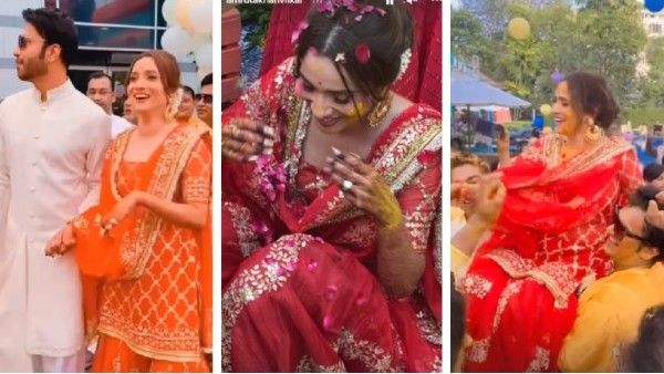 Ankita Lokhande Looks Radiant In Red Dress At Haldi Function; Actress Walks Hand-In-Hand With Vicky Jain