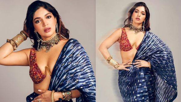 In Pics: Bhumi Pednekar's Blue Saree And Floral Bralette Calls For A Bridesmaid Must-Have