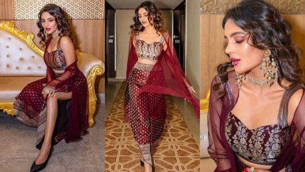 Seerat Kapoor Looks BREATHTAKING In Maroon Co-Ord Set With Thigh-High Slit From Shravan Kummar; Check Out PICS