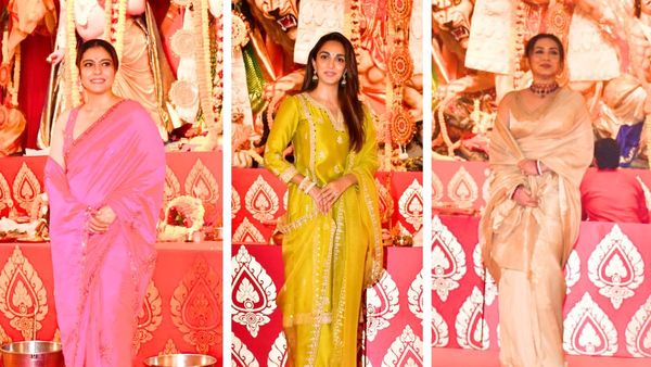 In PICS: Kajol, Rani Mukerji, Kiara Advani & Other Stars Visit Durga Puja Pandal In Gorgeous Ethnic Outfits