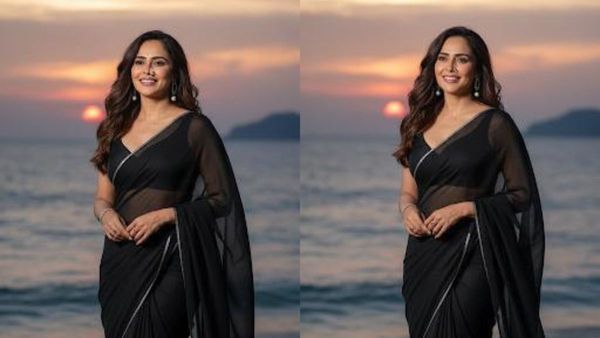“Nikita Rawal Embraces Gemini’s New Prompt Feature While Stuns in Black Saree Amidst Beach Sunset”