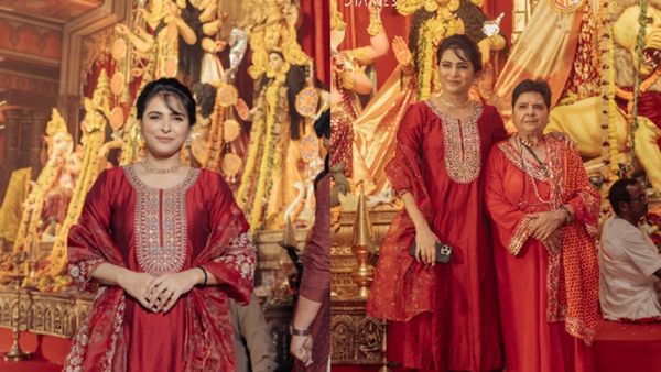 Madhurima Seeks Maa’s Blessing at North Bombay Durga Puja — In Red, With Faith and Tradition